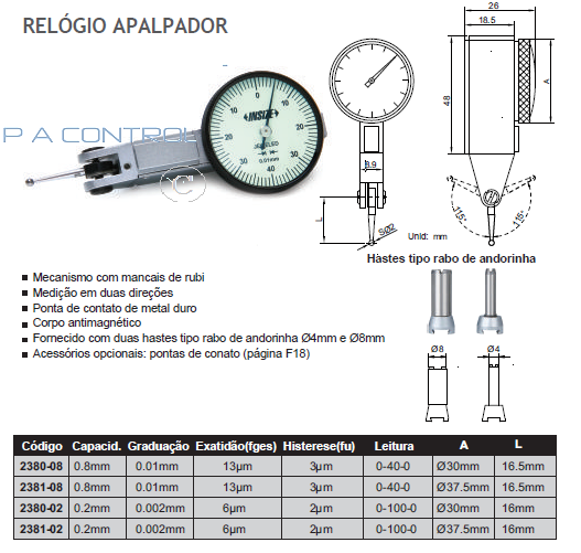 Relógio Apalpador analógico com Ponta de Medição com Esfera de Rubi