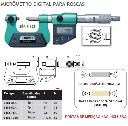 Micrômetro para Medição de Roscas Externas Digital –  Pontas Intercambiáveis