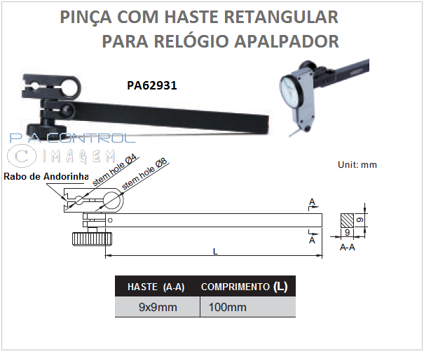 PINÇA COM HASTE QUADRADA PARA RELÓGIOS APALPADORES